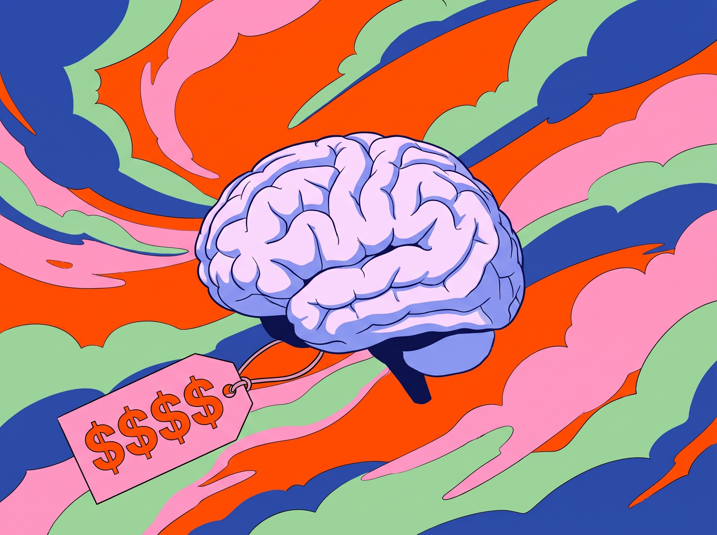 Illustration of a brain with a price tag hanging from it, marked with four dollar signs