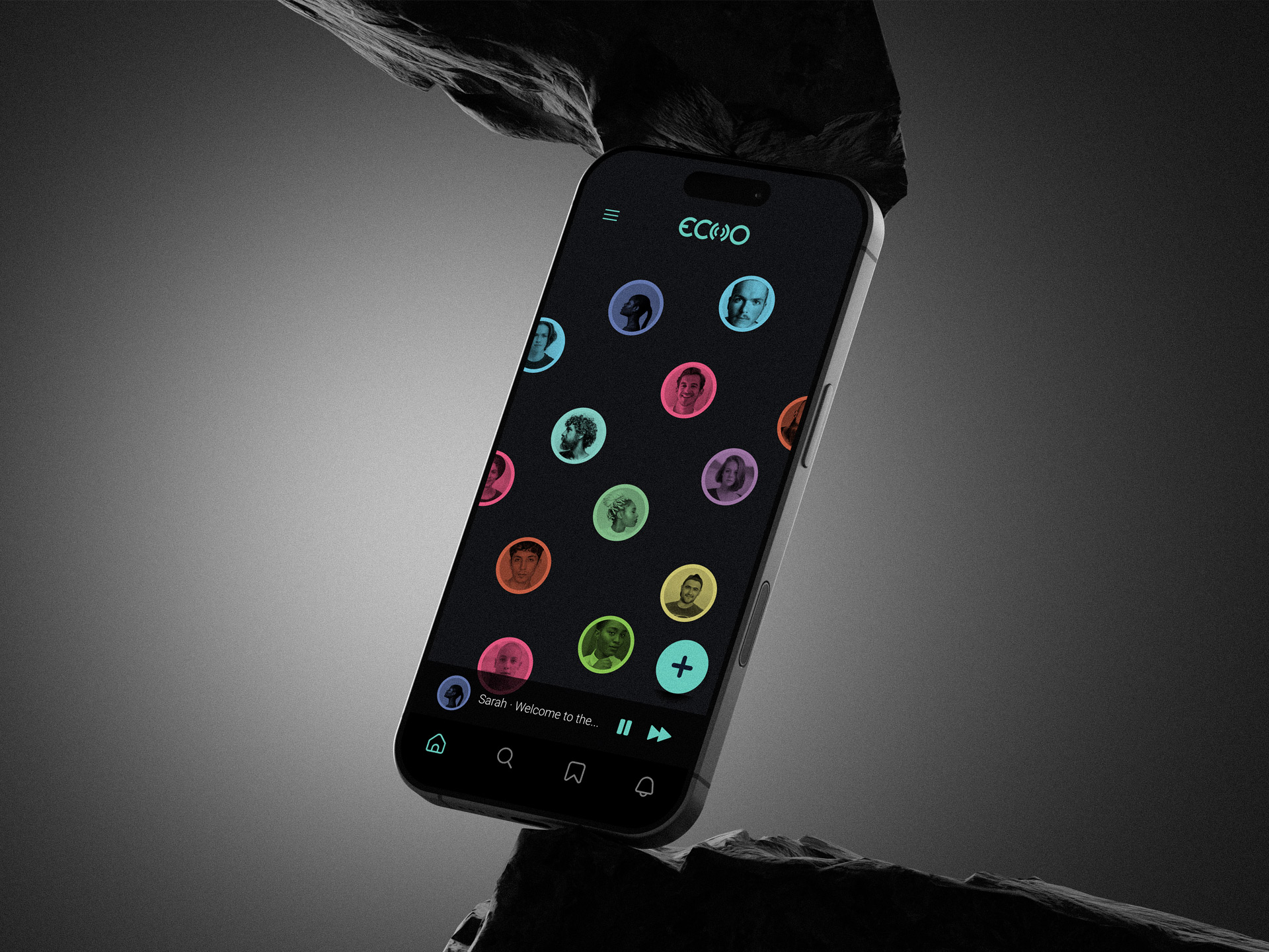 The Echo app on a dark background with audio bubbles